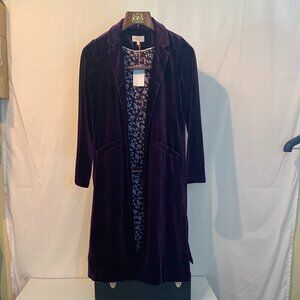 Skies Are Blue Long Dark Purple Velour Duster Jacket Coatigan NWT Open Front Sm